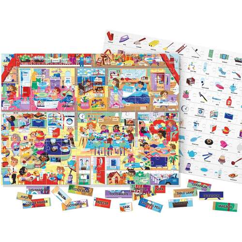 Headu Könnyű Angol 100 Szó A Házam puzzle, angol szókincs fejlesztés gyerekeknek, 4-8 éveseknek, 100 darabos, matricák is tartoznak hozzá
