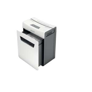 Leitz IQ Protect 8X paper shredder, angled view, white and grey, with open waste bin - Shredder