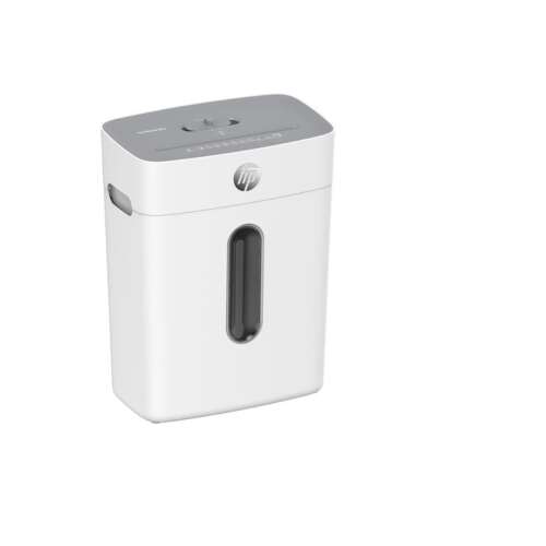 Distrugător de hârtie HP Oneshred 8CC, alb și gri, vedere din față