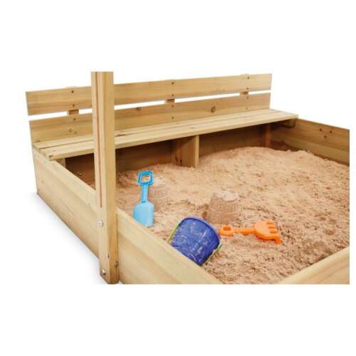 Plum fa homokozó beépített padokkal és napellenzővel