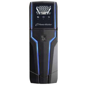 PowerWalker VI 1500 GXB 1500VA / 900W Line Interactive UPS, schwarz, mit blauen LED-Leuchten, Vorderansicht - Power Walker