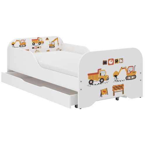Wooden Toys MIKI gyerekágy, ajándék matraccal (160x80cm), ágyneműtartóval - Építési terület, Fehér-sárga