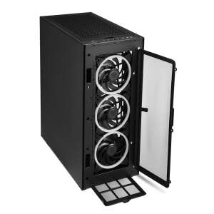 Carcasă de computer Sharkoon REV300, negru, vedere laterală, panou din sticlă călită deschis, ventilatoare RGB vizibile - Carcase PC