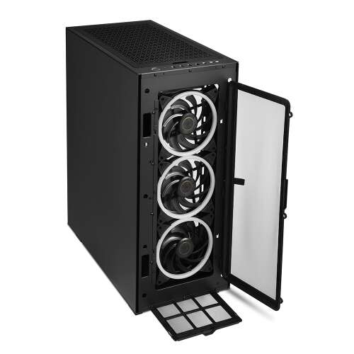 Sharkoon REV300 computer case, black, side view, tempered glass panel open, showing RGB fans