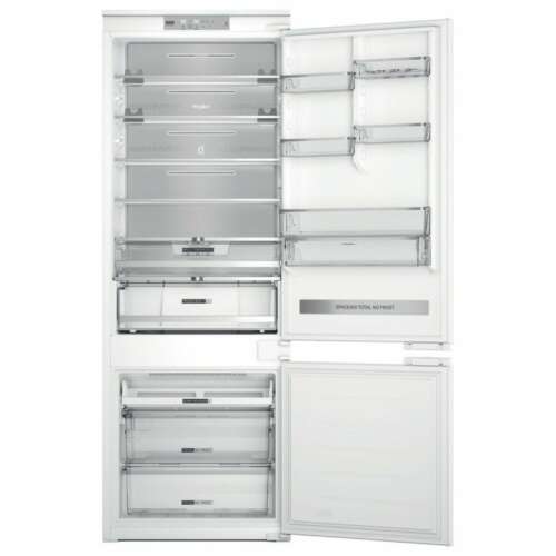 Whirlpool WH SP70 T232 P beépíthető hűtőszekrény fagyasztóval, nyitott ajtó nézet, polcok és fiókok láthatók