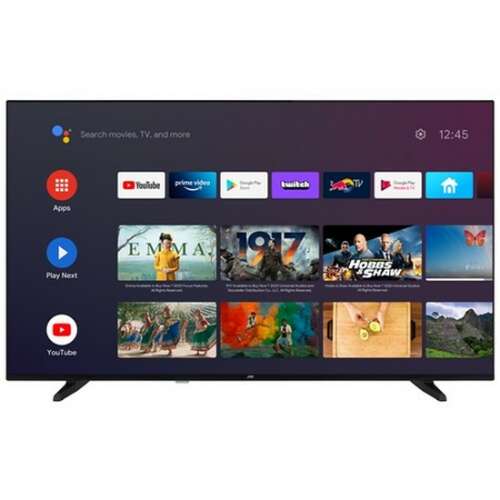 JVC LT55VA3335 55 inch 4K UHD Smart LED TV with Android TV 11, showing the home screen with popular apps like YouTube, Netflix, and Prime Video