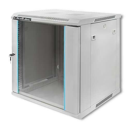 Qoltec 54486 19 hüvelykes rack szekrény, 9U, 600x600mm, fehér, üvegajtóval