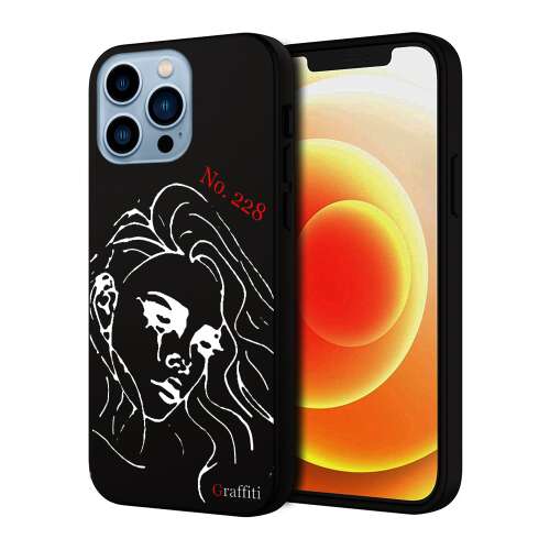 Graffiti iPhone 15 Pro Max telefontok, fekete szilikon tok fehér No. 228 mintával - Telefontok