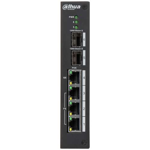 Dahua PFS3206-4P-96 PoE Gigabit Switch, vedere din față, care prezintă porturile și LED-urile