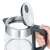 Severin WK 3468 1.0L glass kettle with lid open and hand holding the handle