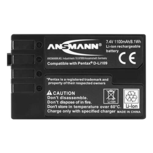 Ansmann A-Pen D Li 109 lítium-ion akkumulátor Pentax fényképezőgépekhez, 7.4V 1100mAh, kompatibilis a Pentax D-LI109-vel