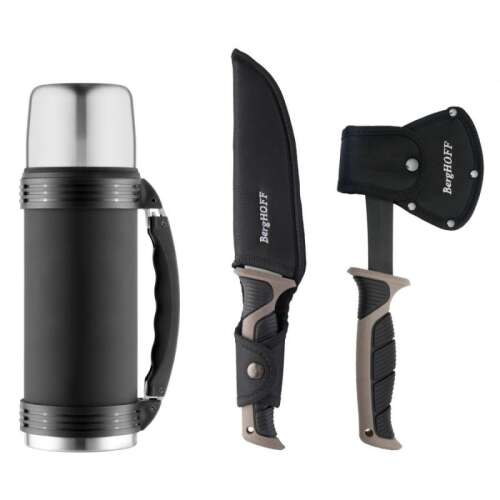 BergHOFF Essentials 3-piece camping set, stainless steel, black/silver, includes a thermos, a knife, and an axe