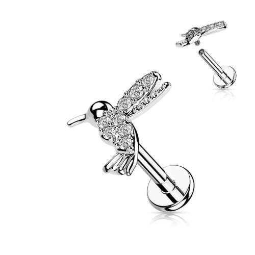 Ezüst kolibri labret piercing, tiszta cirkónia kövekkel - Labret piercing