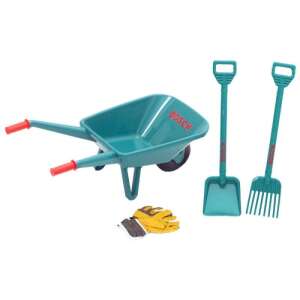 Theo Klein Bosch 4db-os Kerti Szett talicskával, green toy wheelbarrow set with shovel, rake, and gloves for kids - Garden Tools for Kid