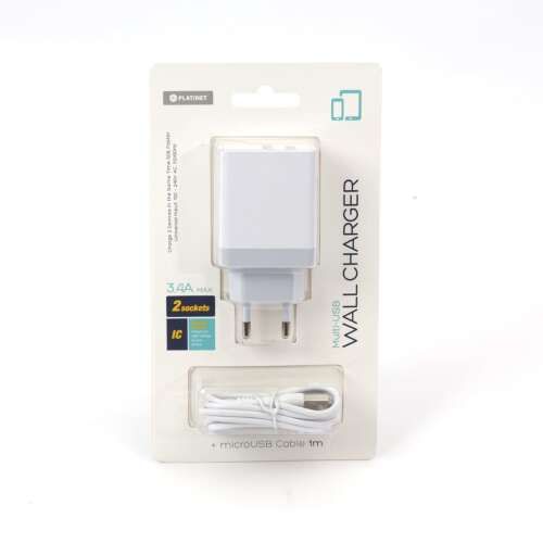 Platinet Multi USB ładowarka sieciowa z 2 gniazdami i 1m kablem Micro USB, biała