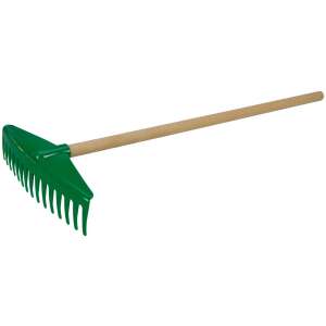 Zielony plastikowy grabie z drewnianym trzonkiem, 60cm, Lena - Gry i sprzęt na świeżym powietrzu
