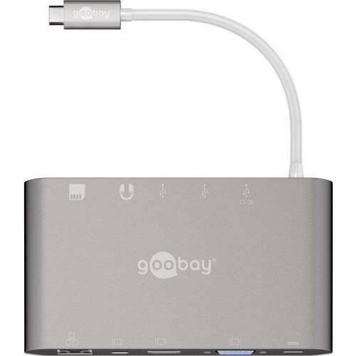 goobay Dock USB-C multiport cu HDMI, VGA, MiniDP, porturi USB-A, cititor de carduri SD și microSD și Ethernet