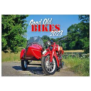 Good Old Bikes 2023 falinaptár, egy piros oldalkocsis motorral - Irodai kiegészítő