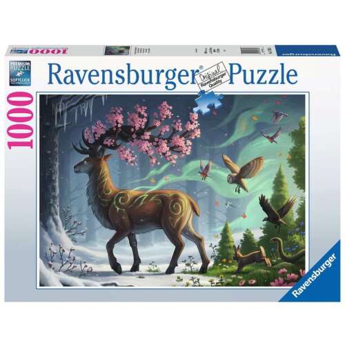 Puzzle Ravensburger 1000 dielikov, Jeleň ako posol jari, zobrazuje jeleňa s kvitnúcim stromom na paroží, obklopený vtákmi, králikom a veveričkou v zasneženom lese