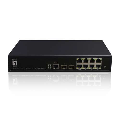 LevelOne GEP-1061 Gigabit Switch, 8-Port PoE, 2 SFP-Ports, Vorderansicht