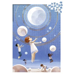 Puzzle Dixit Teremtés s 1000 dielikmi zobrazujúce rozmarnú ilustráciu detí siahajúcich po nebeských guľách. - Puzzle