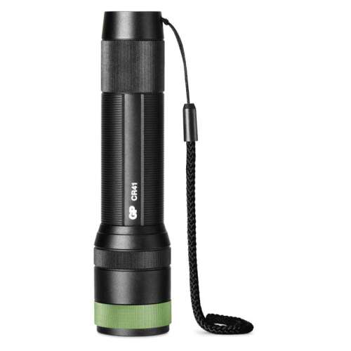 GP CR41 rechargeable flashlight, black and green, with lanyard