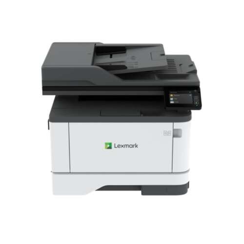 Lexmark MX431ADN Laserdrucker, Seitenansicht, weiß und grau, zeigt das Papierfach und das Bedienfeld