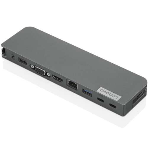 Stație de andocare Lenovo USB-C Mini Dock 40AU0065EU, gri, vedere înclinată, arătând porturile și conexiunile