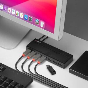 LINDY 43228 Black 7-Port USB 3.1 Hub in Use with Monitor, Keyboard, and External Drive - Lindy USB Hub