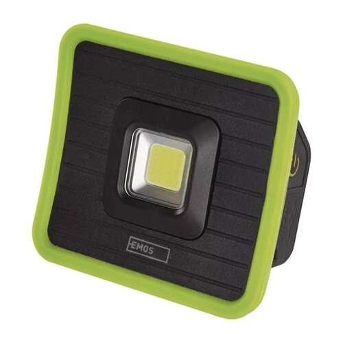 Emos P4539 LED work lamp, angled view, showing the light and power button