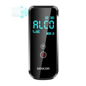 Sencor SCA BA10 digitaler Alkoholtester, schwarz, mit blauem Display, zeigt %BAC, MEM: 8, HI Batteriestandsanzeige, Ein- / Ausschalter und Mundstück - Alkoholtester