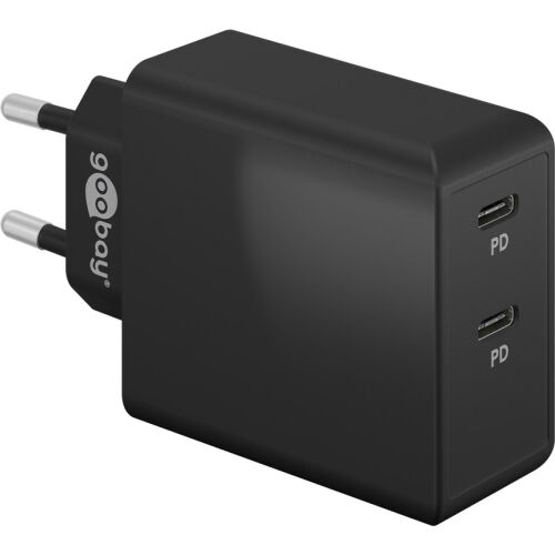 Widok pod kątem ładowarki sieciowej Goobay 36W Dual USB-C z dwoma portami USB-C