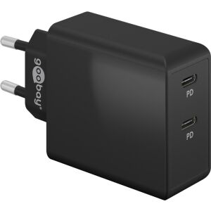 Schräge Ansicht des Goobay 36W Dual USB-C Wandladegeräts mit zwei USB-C-Anschlüssen - Goobay