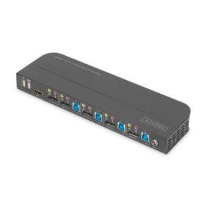 Digitus DS-12890 4-Port KVM-Switch, schräge Ansicht, zeigt alle Anschlüsse und Verbindungen - KVM Switch