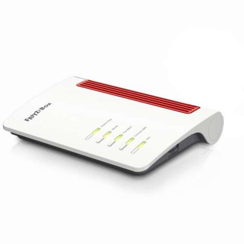 AVM Fritz!Box 5530 Fiber Router, weiß und rot, schräge Ansicht