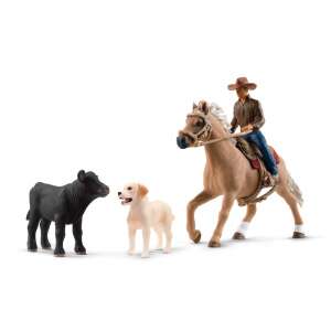 Schleich Farm World Western Riding Adventures playset with cowboy on horse, labrador dog and black angus calf - Schleich