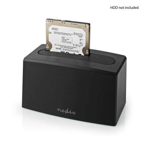 Nedis HDD docking station with hard drive inserted, black, angled view