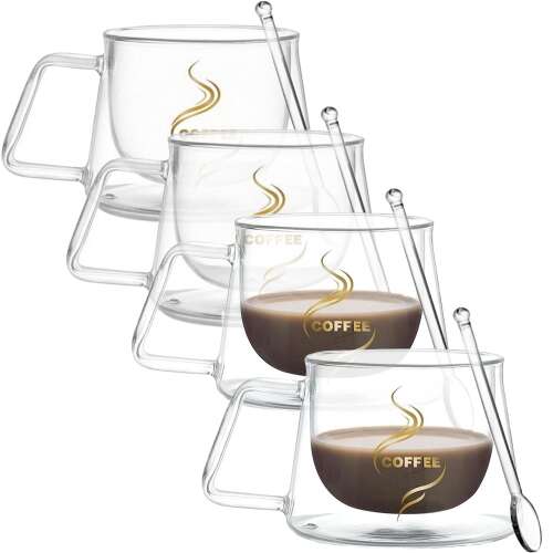 4 csésze dupla falú és 4 teáskanálos készlet, Quasar &; Co.®, COFFEE modell, hőálló, tea/kávé teáskanál, 200 ml, üveg, átlátszó