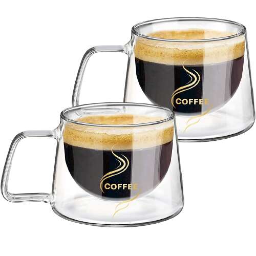 2 kávéscsésze készlet, Quasar & Co., 230 ml, dupla falú üveg, hőálló, KÁVÉ üzenet, mélység 7,8 x ma 7 cm