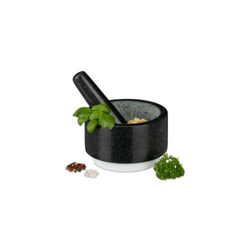 Gránit mozsár és mozsártörő készlet, 14 cm átmérőjű, fekete-fehér, gyógynövényekhez, fűszerekhez, diófélékhez és magvakhoz