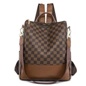 Dollcini Damen-Rucksack mit Karomuster, braune Kunstledertasche, Reise/Arbeit/Alltag - Rucksäcke