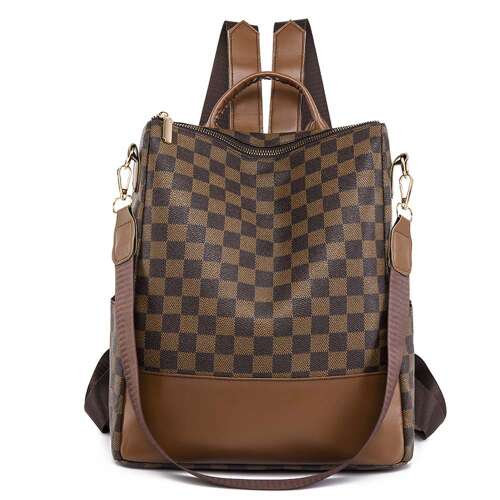 Rucsac dama Dollcini cu model în carouri, geantă din piele artificială maro, călătorie/muncă/zilnic