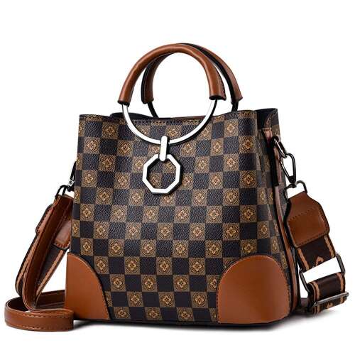 Hnedá kockovaná kabelka z PU kože s krúžkovým držadlom a nastaviteľným popruhom na rameno