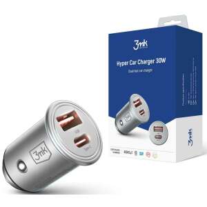 3mk Hyper încărcător auto 30W, încărcător auto rapid dublu cu porturi USB-A și USB-C, argintiu - Incarcatoare auto