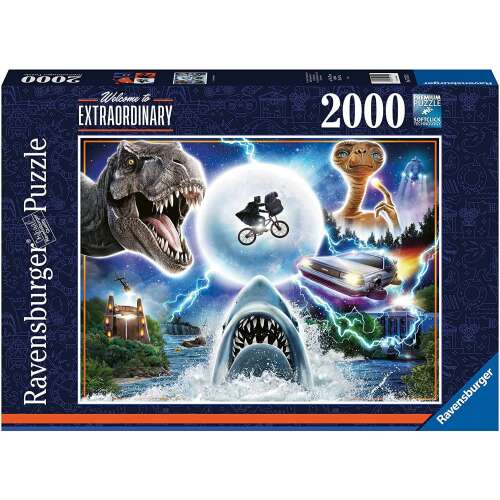 Ravensburger 2000 darabos kirakós játék, amely ikonikus filmscénákat mutat be a Jurassic Parkból, az E.T.-ből, a Vissza a jövőbe-ből és a Cápa című filmből