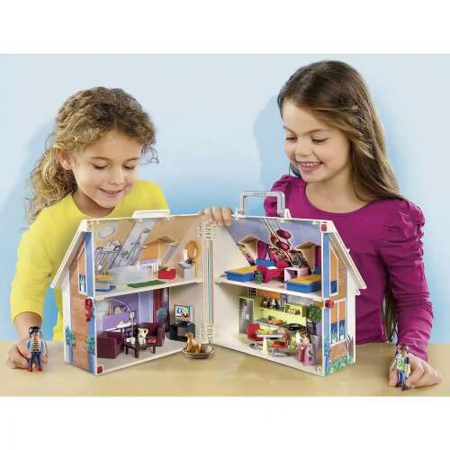 Playmobil Hordozható családi ház, 70985, babaház, játék, gyerekeknek, lányoknak, fiúknak, nyitott, belül, szobák, bútorok - Playmobil Dollhouse