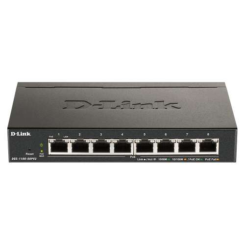 D-Link DGS-1100-08PV2 Gigabit PoE Switch, widok z przodu, 8 portów