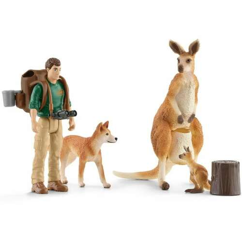 Schleich Wild Life Outback kaland figurák szett Ranger Tommal, egy anya kenguruval, egy kis kenguruval a tasakjában, egy dingóval, hátizsákkal, távcsővel, bögrével és egy fatörzzsel - Schleich