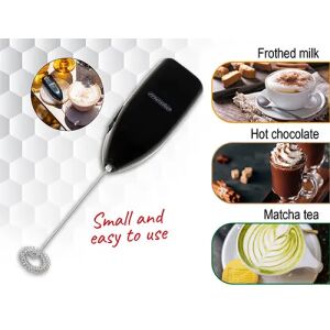 Czarny spieniacz do mleka Mesko z przykładami cappuccino, gorącej czekolady i herbaty matcha - Spieniacz do mleka