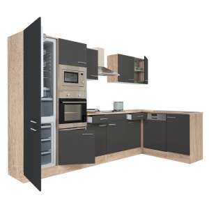 Yorki 340 Eckküchenblock, Sonoma Eiche Korpus, Anthrazit Seidenmatt Front, mit Unterbaukühlschrank - Leziter